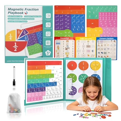 Magnetic Fraction Educational Puzzle for Kids – Fraction Manipulatives with Tiles & Circles, Montessori Magnetic Fraction Book for Elementary School, Visual Learning for Fractions Games