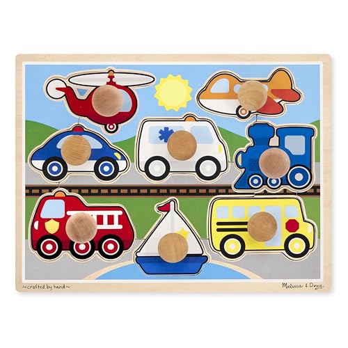 Melissa & Doug Vehicle Jumbo Knob Puzzle, Wooden Peg Puzzle for Toddlers, Educational Toy for Shape Recognition and Fine Motor Skills, Ages 1+