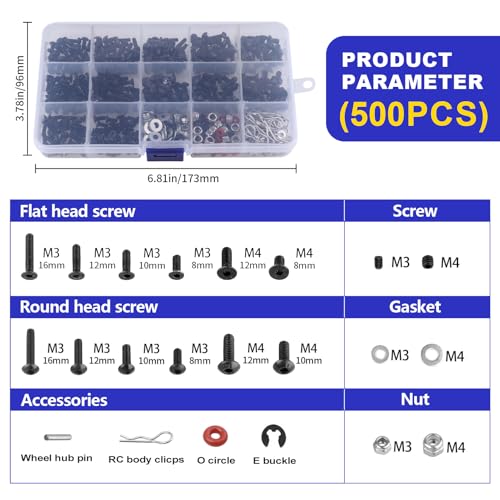HobbyPark 500pcs Universal RC Screw Kit Screws Assortment Set, Hardware Fasteners for Traxxas Axial Redcat HPI Arrma Losi 1/8 1/10 1/12 1/16 Scale RC Cars Trucks Crawler