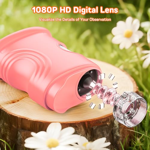 Microscope for Kids with 2.0" IPS Screen Girls Handheld Outdoor Gifts - color: Pink