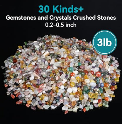 800Pcs+ (3lb) Gemstones and Crystals Set, 30 Kinds+ Crystals Bulk and Minerals Science Kit, Crystals and Healing Stones for Kids, Rocks for Tumbling, Crushed Stones - size: 0.2-0.5 Inch, 3 Pound