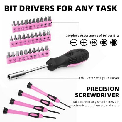 58-Piece Household Tool Set for Women with Plastic Toolbox, Pink - color: Pink, size: 58-Piece
