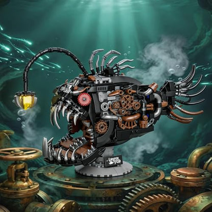 Mechanical Angler Fish Building Blocks Set – 1038PCS Steampunk Deep Sea Creature Model, Ocean Animal STEM Kit for Adults, 3D Collection Puzzle with LED Lantern & Movable Jaw