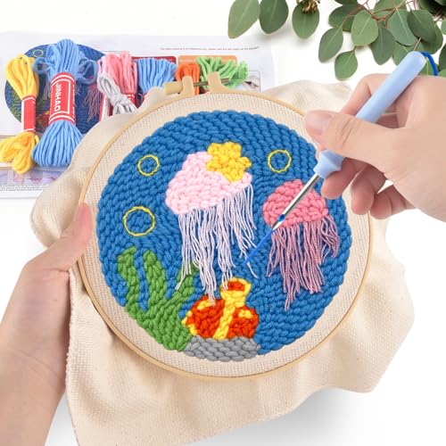 ERKOON Punch Needle Kit Adults Beginners, DIY Easy Ocean Embroidery Set for Starter Art Craft, Needling Punch Project with Patterns, Tools, Yarns, Hoop, Instruction (Jellyfish) - color: Jellyfish