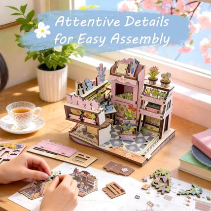 DIY Miniature Dollhouse Book Nook Kit with LED Lights, Mini Bookshelf Insert Decor for Adults & Teens, Creative Craft Gift for Family, Friends & Book Lovers (Pink Flower Shop) - style: Red Dream Garden