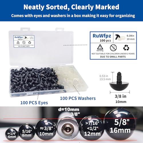 RuWfpz Safety Eyes for Amigurumi Crocheting Animals 10mm Bulk 100Pcs Black - size: 10mm