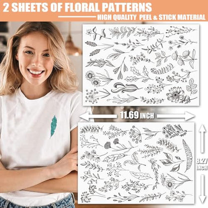 Patemby Embroidery Pattern Water Soluble Embroidery Stabilizers, Stick and Stitch Embroidery Paper Wash Away with Pre-Printed Pattern Designs Stencils Transfers for Hand Sewing Lover Beginner - color: Leaves