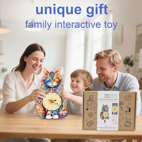 3D Wooden Puzzles for Adults, Maine Coon Clock Cat Wooden Puzzle DIY Craft - color: Maine Cat