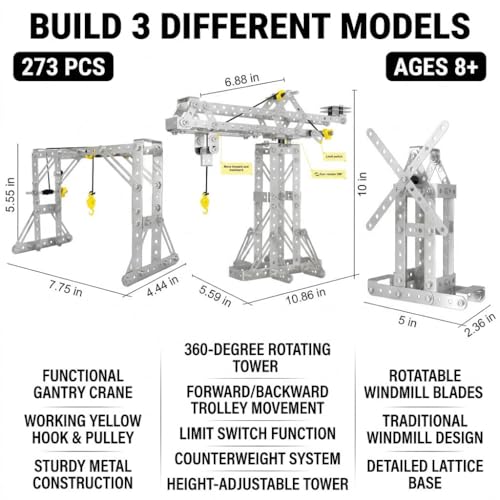 Metal Building Toys, 273pcs 3 in 1 Tower Crane & Frame Crane & Windmill Metal Model Set,Erector Sets for Boys Age 8-12,DIY Building Stem Projects Toys for Kids,Birthday Gifts for Model Crane Fan
