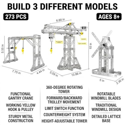 Metal Building Toys, 273pcs 3 in 1 Tower Crane & Frame Crane & Windmill Metal Model Set,Erector Sets for Boys Age 8-12,DIY Building Stem Projects Toys for Kids,Birthday Gifts for Model Crane Fan