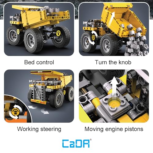 CADA Bricks Heavy Duty Dump Truck Building Kit – 372 Pieces Construction Vehicle Toy with Tilting Bed, Steering Control, STEM Engineering Set - color: Yellow