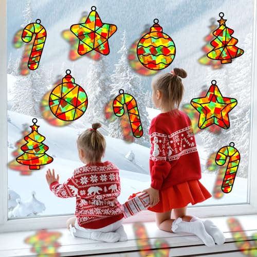 QOUBAI 32 Sets Christmas Theme Suncatchers Craft Kit DIY Window Stained Glass Effect Christmas Theme Paper Crafts Home School Classroom Decoration Kid Birthday Gift Creative Art Project Activity Game - style: Christmas