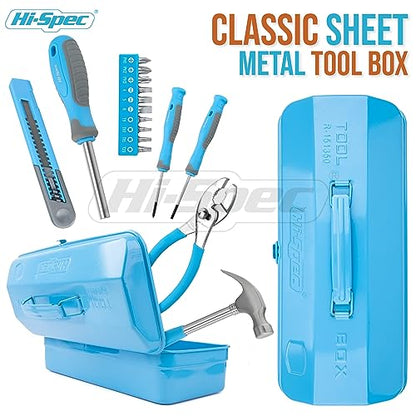 Hi-Spec Beginner Tool Kit with Metal Box for DIY Starters and Kids, Blue