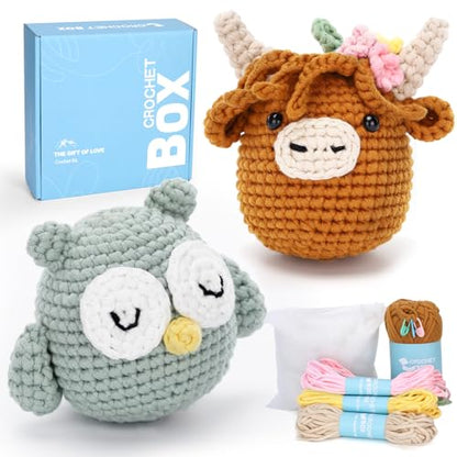CrochetBox Brown Highland Cow and Owl Crochet Kit for Beginners, 2 PCS Set - color: 2 PCS Brown Highland Cow and Owl