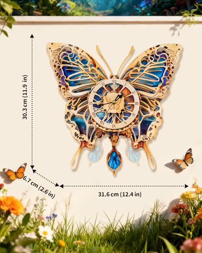 3D Wooden Puzzles for Adults Butterfly Design Clock Model Kit with Pendulum
