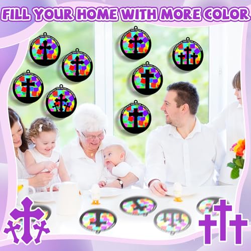 QOUBAI 32 Sets Easter Cross Suncatchers Craft Kit DIY Religious Window Stained Glass Effect Christian VBS Paper Hanging Ornament Kid Sunday School Birthday Gift Creative Art Project Activity Game - style: Circle Cross