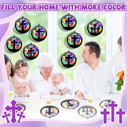 QOUBAI 32 Sets Easter Cross Suncatchers Craft Kit DIY Religious Window Stained Glass Effect Christian VBS Paper Hanging Ornament Kid Sunday School Birthday Gift Creative Art Project Activity Game - style: Circle Cross