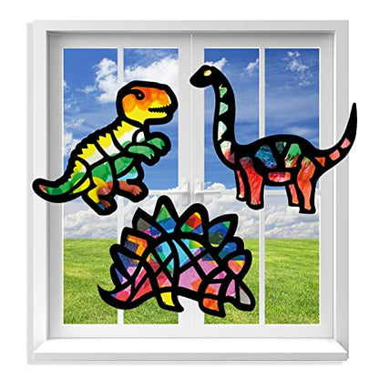 VHALE Suncatchers Craft 3 Sets (9 Cutouts) w Tissue Papers Stained Glass Effect Paper Sun Catcher Kit, Window Art, Classroom Crafts, Creative Art Projects, Kids Party Favors (Dinosaur) - style: Dinosaur