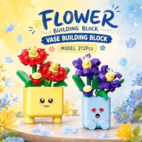 Botanicals Happy Plants Building Sets | 2 Cute Happy Plants Flowers Set, Succulents Botanical Collection for Home Office Décor, Gift for Women Wife Mom(222Pcs) - style: Yellow and Blue