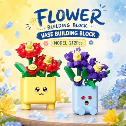 Botanicals Happy Plants Building Sets | 2 Cute Happy Plants Flowers Set, Succulents Botanical Collection for Home Office Décor, Gift for Women Wife Mom(222Pcs) - style: Yellow and Blue