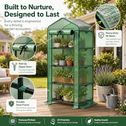 4‑Tier Mini Greenhouse, Small Walk‑in Green House, Dark Green - color: Dark Green, size: Small