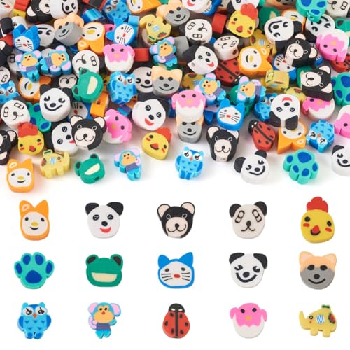 150Pcs Animal Theme Polymer Clay Beads - Dog, Cat, Panda, Frog, Elephant, Monkey, Owl, Chicken, Ladybug Clay Spacer Beads for DIY Necklace, Bracelet, Key Chain Jewelry Making - color: Animal Theme