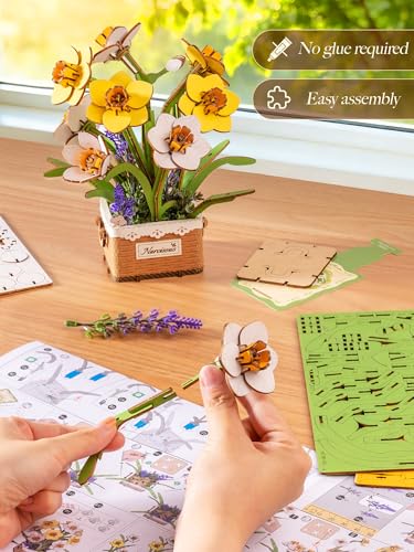 Rolife 3D Flower Wooden Puzzles-Daffodils Narcissus, DIY Flowers Model Kit Building Set Crafts for Adults, Botanical Collection Ideal Creative Birthday Gift, Artificial Flowerpot for Decor and Display