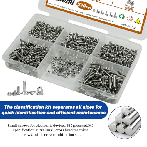 530Pcs 304 Stainless Steel Metric Micro Screws Nuts Assortment, M2x4/5/6/8/10mm Sizes, Phillips Pan Head, Fully Threaded Kit for Arduino, RC Models, Electronics, DIY Projects - size: M2x4/5/6/8/10- 530 Pcs