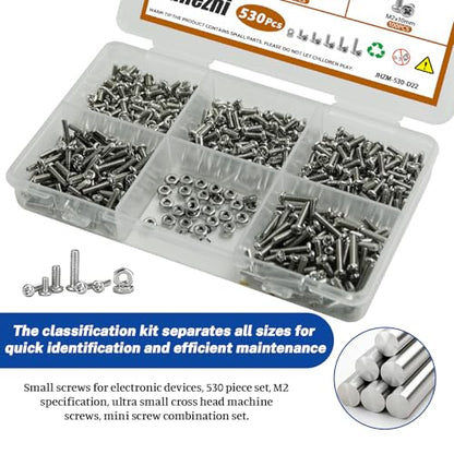 530Pcs 304 Stainless Steel Metric Micro Screws Nuts Assortment, M2x4/5/6/8/10mm Sizes, Phillips Pan Head, Fully Threaded Kit for Arduino, RC Models, Electronics, DIY Projects - size: M2x4/5/6/8/10- 530 Pcs