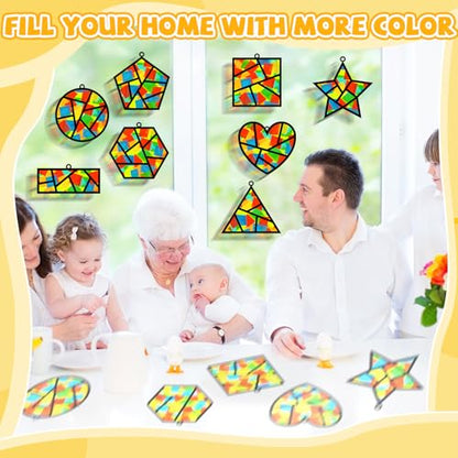 QOUBAI 32 Sets Back to School Geometric Recognition Suncatchers Craft DIY Window Stained Glass Effect Star Paper Crafts Home School Classroom Decor Kid Birthday Gift Creative Art Project Activity Game - style: Geometry