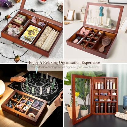 Adjustable Rock Collection Box, Wood Crystal Display Case for Gemstone - color: Brown