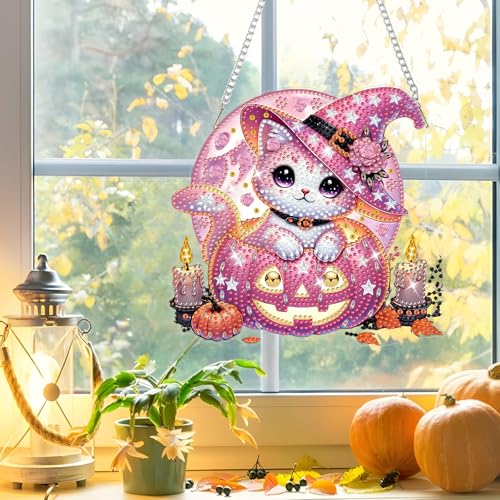 NAIMOER Halloween Diamond Art Hanging Kits for Adults, Cat 5D Special Shaped Rhinestone, DIY Acrylic Diamond Art Painting Window Pendants Home Garden Wall Hanging Ornament Kits, Double Sided - color: Halloween Cat