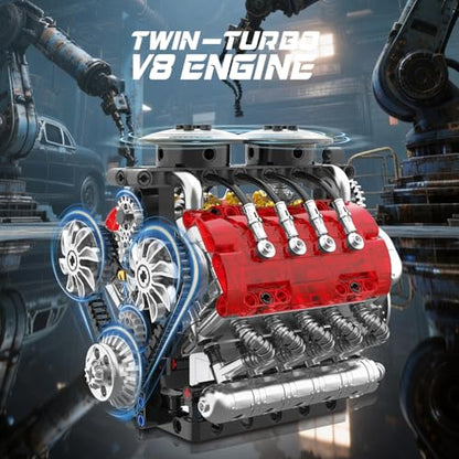 V8 Engine Model Kit That Runs - Twin-Turbo Engine Motor Building Block Sets, Motorized With Moving Pistons, Crankshaft & Rotating Fan, Best Stem Build Toy Gifts for Adults Kids Age 8+, 548 Pcs