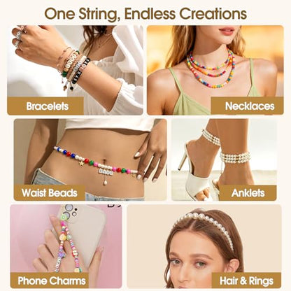 3 Rolls Elastic String Kit (328 Yds) with Spring Cord Clamps - 0.5/0.8/1.0mm Stretchy Cord for Clay & Seed Beads, Jewelry Repair, Necklaces & DIY Friendship Bracelets - 8 Pcs Set w/Needles & Scissors