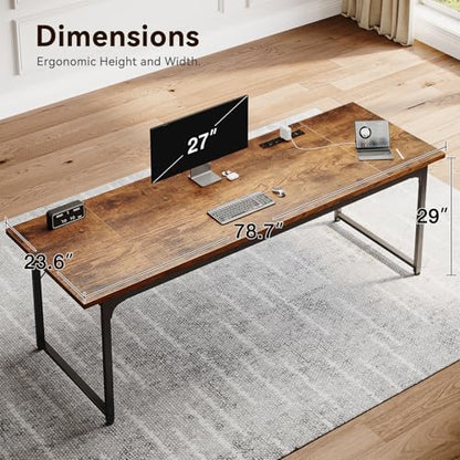 Coleshome 79 Inch Computer Desk with Power Outlet - color: Rustic Brown, size: 79 Inches