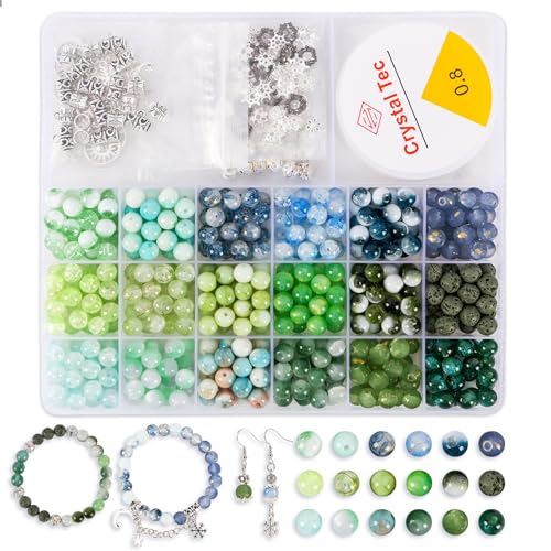 Tunmiok Glass Beads for Bracelets Making Kit, Jewelry Making Supplies with Charms, Crystal String, Spacer Beads, DIY Bracelet Necklace Craft Kit for Adults (Green) - color: Green