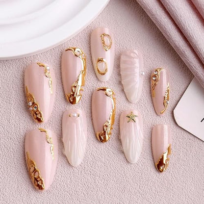 Almond Press on Nails Short Nude Fake Nail Golden Embossed Acrylic Nail Press ons Water Drop Stick on Nail for Women 24pcs - color: Color23