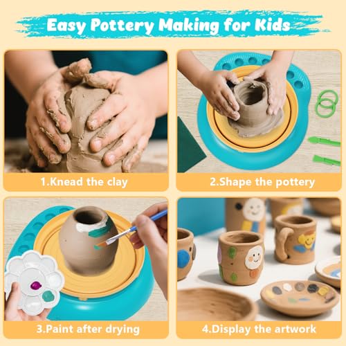 Pottery Wheel for Kids with Air Dry Clay Kit, 12 Paints & Tools, Ages 6-12 - color: yellow/cyan