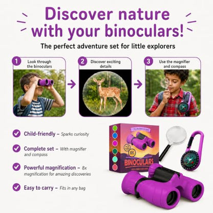 Binoculars for Kids – Perfect Toy for Little Boys and Girls – Extensive Set Incl. Magnifying Glass & Compass – Powerful Magnification 8X21 – 3 to 12 Year Old Kids for Toddler - color: Purple