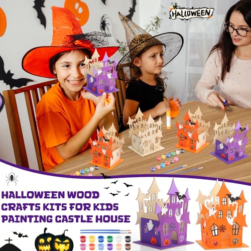 DoubleFill 12 Set Halloween Wooden Castle House Craft Kits with Paints
