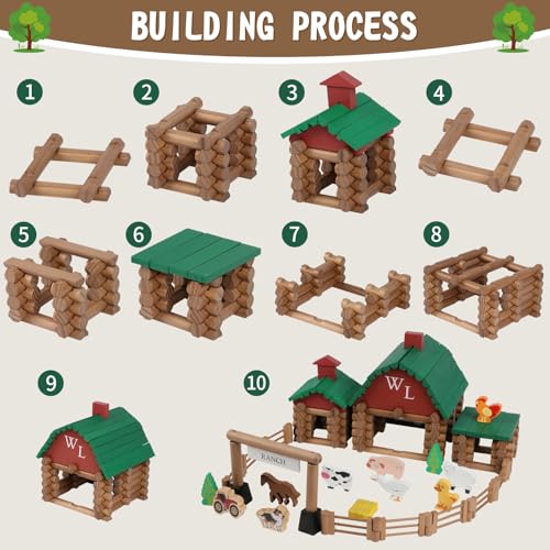 Wondertoys 164 Pcs Wooden Log Set Ranch Real Wood Logs Classic Building Log Ages 3+ Best Retro Farm Building Gift Set Creative Construction Engineering Educational Gifts - style: 164PCS Ranch