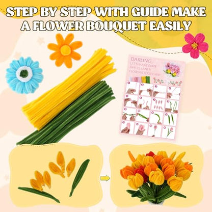 Anyeve 800PCS Pipe Cleaners Flower Kit, Pipe Cleaner Bulk Craft Flower Making Kit with Instruction, 8 Colors Thick Chenille Stems for Arts DIY Craft Supplies with Gardening Tape, Floral Wires, Stamen