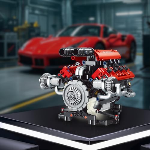 OWNONE 1 V8 Engine Model Kit that Work - 8-Cylinder Visible Engine Building Blocks Set with Motor, LED Light & APP Control - Build Your Own Engineering Kit, STEM Project for Adults & Kids (660 PCS) - color: Red