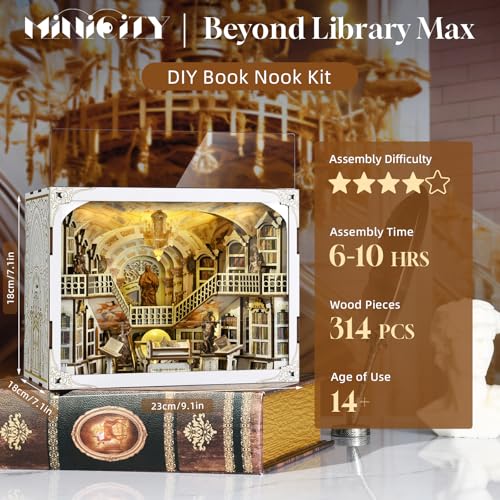 MiniCity Library of Gods Book Nook Kit, DIY Wooden Bookshelf Model with LED - color: Library of Gods Max