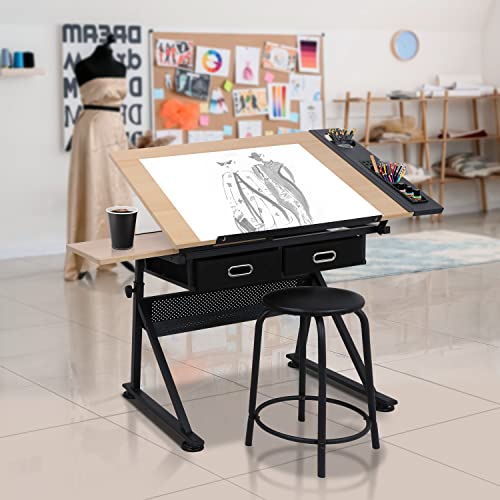 ZENY Drafting Table Art Desk Drawing Table Height Adjustable Artist Table with Tilted Tabletop, Drafting Stool and Storage Drawer for Reading, Writing, Crafting, Painting Art - color: Brown