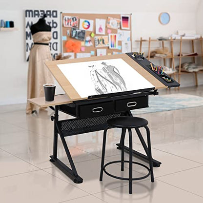 ZENY Drafting Table Art Desk Drawing Table Height Adjustable Artist Table with Tilted Tabletop, Drafting Stool and Storage Drawer for Reading, Writing, Crafting, Painting Art - color: Brown