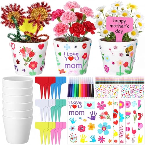 Funnymoom 48 Set Mother's Day Pot Crafts Paintable Flower Pot Craft Kit DIY with Watercolor, Pen Stickers, Plant Labels Garden Growing Kits for for Mom Spring Mother's Day Fun Activity - style: Mother's Day