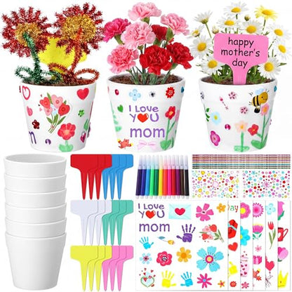 Funnymoom 48 Set Mother's Day Pot Crafts Paintable Flower Pot Craft Kit DIY with Watercolor, Pen Stickers, Plant Labels Garden Growing Kits for for Mom Spring Mother's Day Fun Activity - style: Mother's Day
