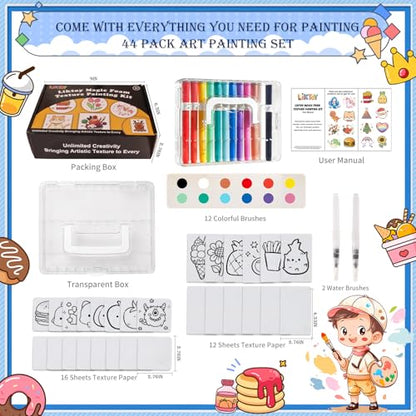 Liktoy 72Pcs Magic Foam Texture Painting Kit, 44Pcs Foam Texture Paper, 24 Colorful Brush, 2 Water Brushes, 3D Effect Texture Painting Set, Ideal for Halloween, Christmas, Birthday Gifts - color: general
