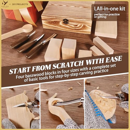 YIPLED Beginners Wood Carving Kit, Whittling Tools, Basswood & Gloves